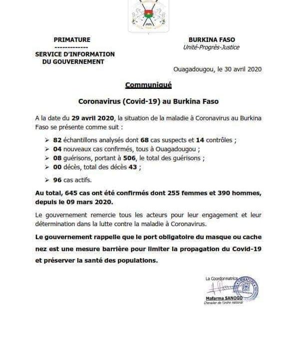 Communiqué: Bilan de la situation de la maladie à Coronavirus au Burkina Faso